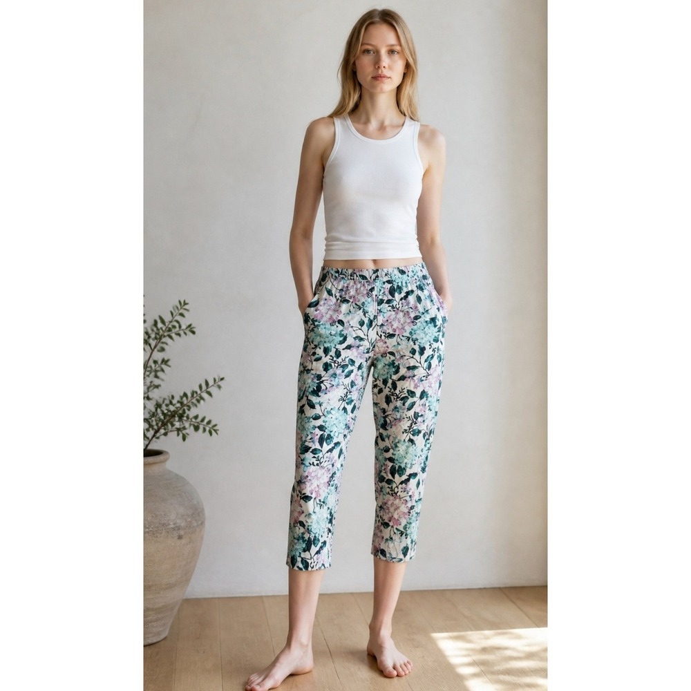 J. Jill Linen Stretch Floral Cropped Pants Womens XL Blue Purple Green Trousers